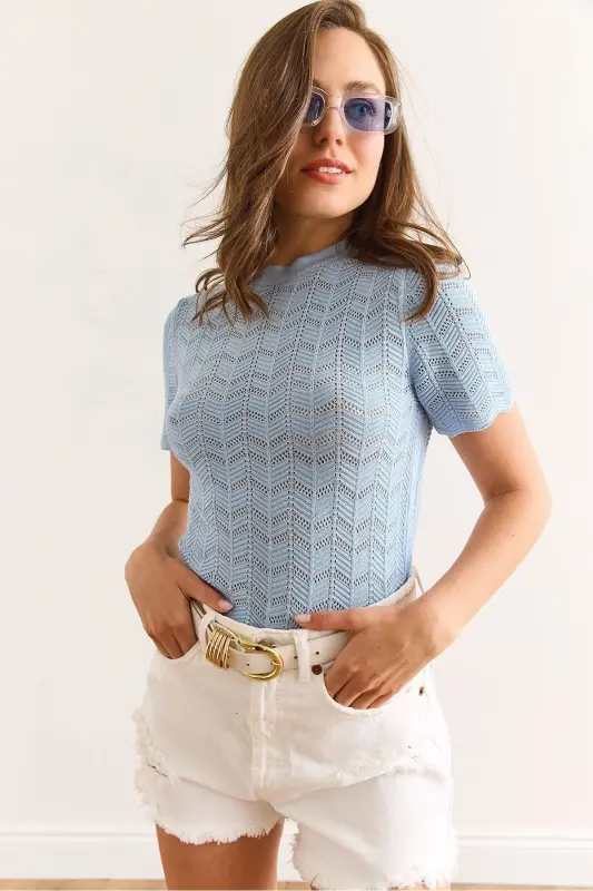 Womens Baby Blue Zigzag Openwork Mercerized Viscose Knit - 6