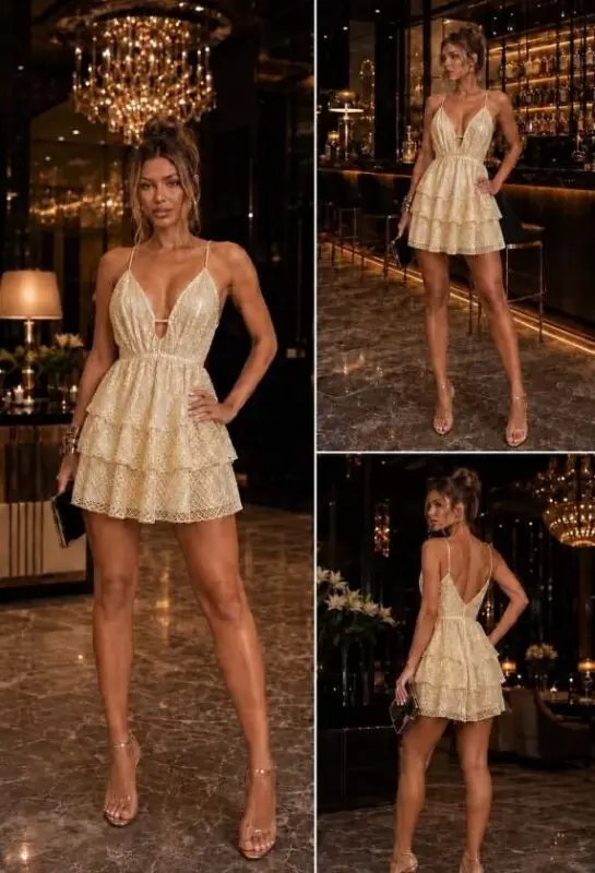 Women's Back And Deep V-Neck Lined Lace Fabric Ruffled Mini Dress - 1
