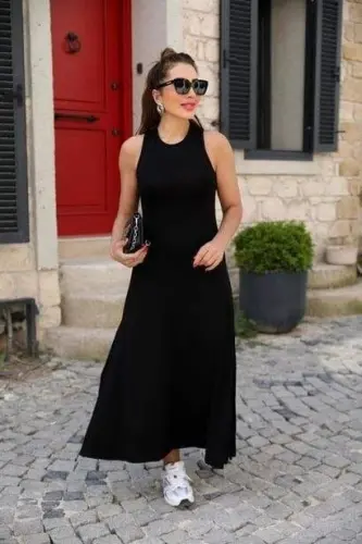 Women's Back Crisscross Detail Round Neck Maxi Viscose Dress - 2