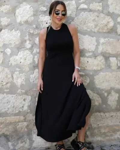 Women's Back Crisscross Detail Round Neck Maxi Viscose Dress - 3