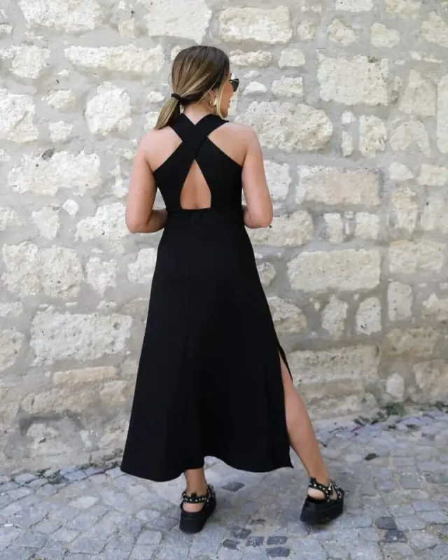 Women's Back Crisscross Detail Round Neck Maxi Viscose Dress - 4