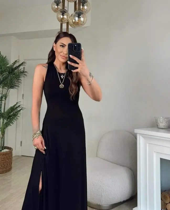 Women's Back Crisscross Detail Round Neck Maxi Viscose Dress - 8