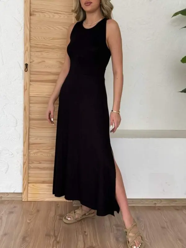 Women's Back Crisscross Detail Round Neck Maxi Viscose Dress - 3