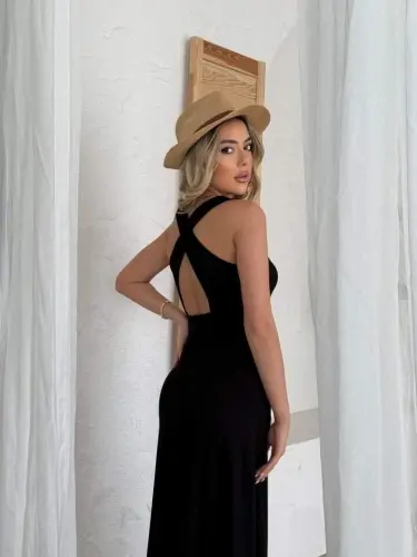 Women's Back Crisscross Detail Round Neck Maxi Viscose Dress - 6