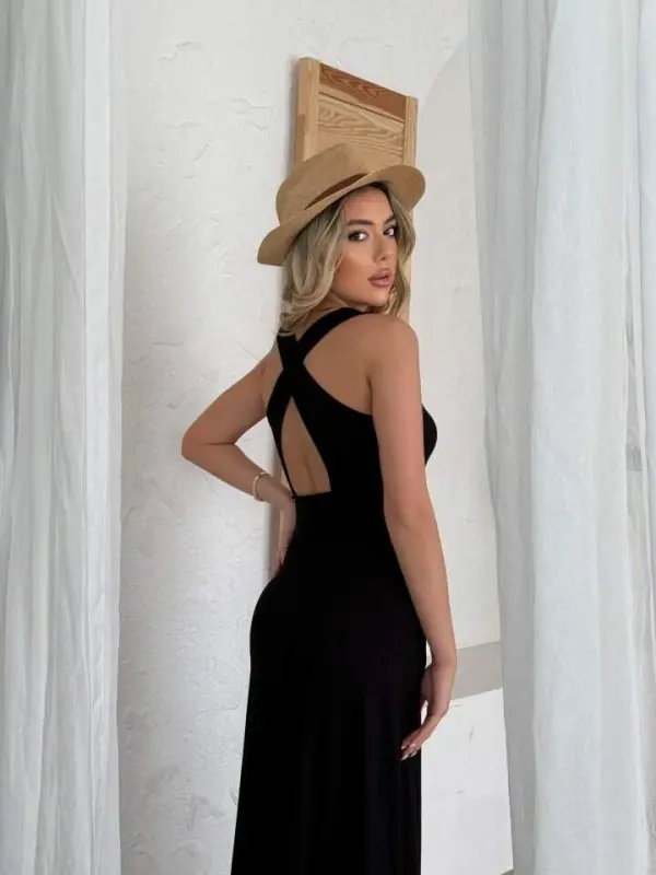 Women's Back Crisscross Detail Round Neck Maxi Viscose Dress - 6