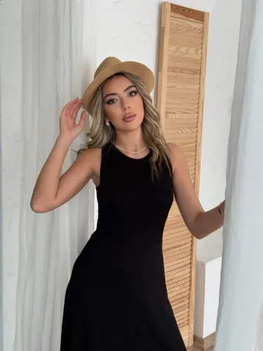 Women's Back Crisscross Detail Round Neck Maxi Viscose Dress - 7