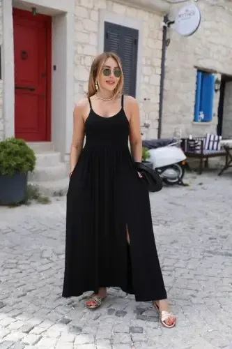 Women's Back Cross Tie Slit Pocket Viscose Dress - 1