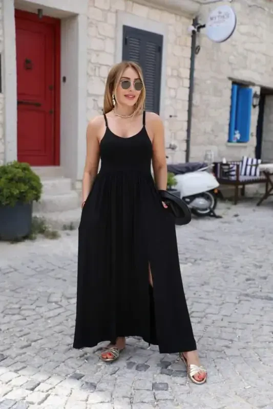 Women's Back Cross Tie Slit Pocket Viscose Dress - 1