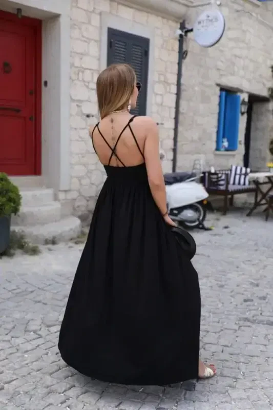 Women's Back Cross Tie Slit Pocket Viscose Dress - 2