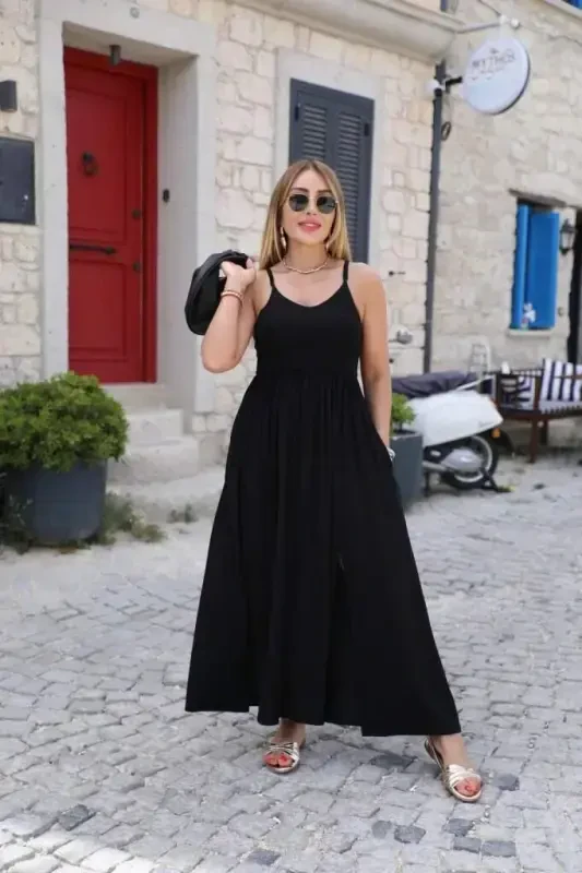 Women's Back Cross Tie Slit Pocket Viscose Dress - 3