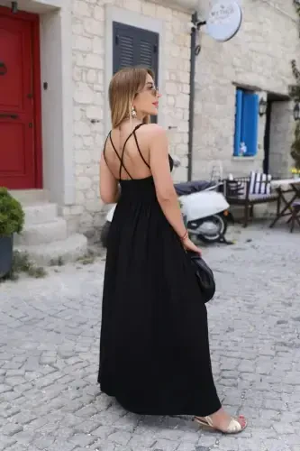 Women's Back Cross Tie Slit Pocket Viscose Dress - 4