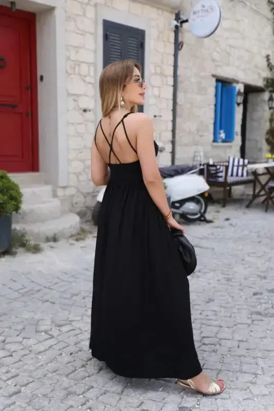 Women's Back Cross Tie Slit Pocket Viscose Dress - 4