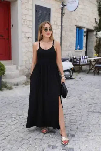 Women's Back Cross Tie Slit Pocket Viscose Dress - 5