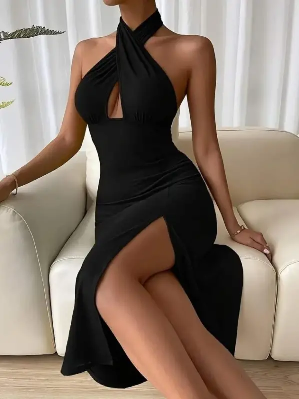 Women's Backless Crisscross Neck Slit Detail Midi Sandy Dress - 1