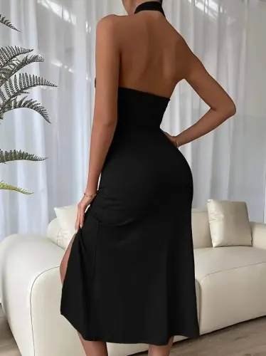 Women's Backless Crisscross Neck Slit Detail Midi Sandy Dress - 6