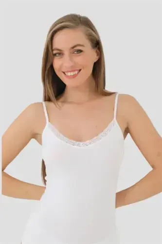Women's Bamboo White V Neck Spaghetti Strap Lace Cami 2 Pack - 9