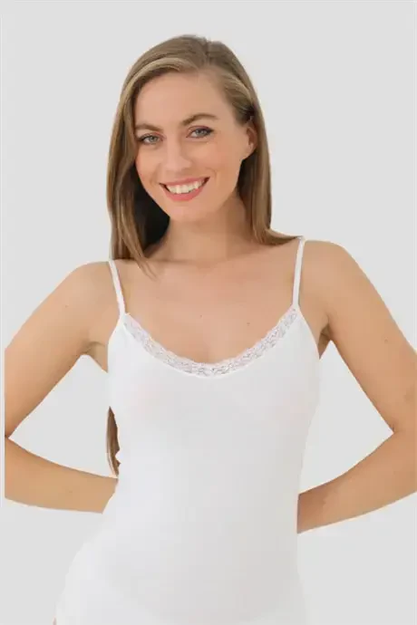 Women's Bamboo White V Neck Spaghetti Strap Lace Cami 2 Pack - 2