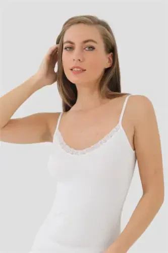 Women's Bamboo White V Neck Spaghetti Strap Lace Cami 2 Pack - 4