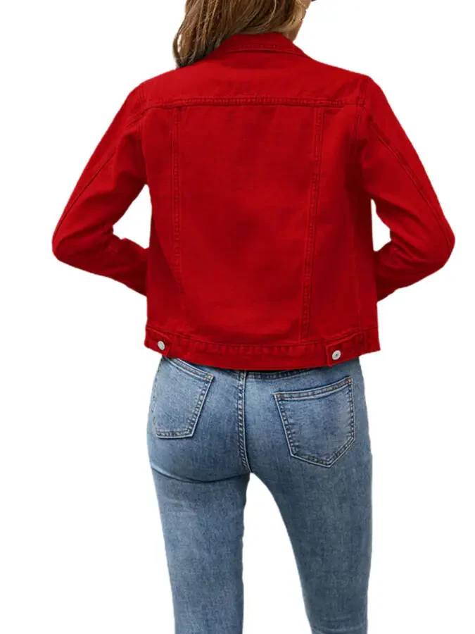 Women's Basic Button Down Stretch Fitted Long Sleeve Denim Jean Jacket - 8