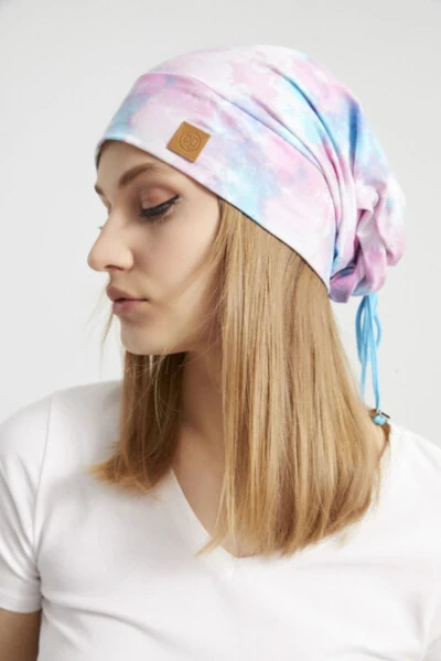 Women's Batik, Aqua Multicolored Yarn Detailed 4 Season Hat Beanie Buff - Ultra Soft Natural Cotton Fabric - 1