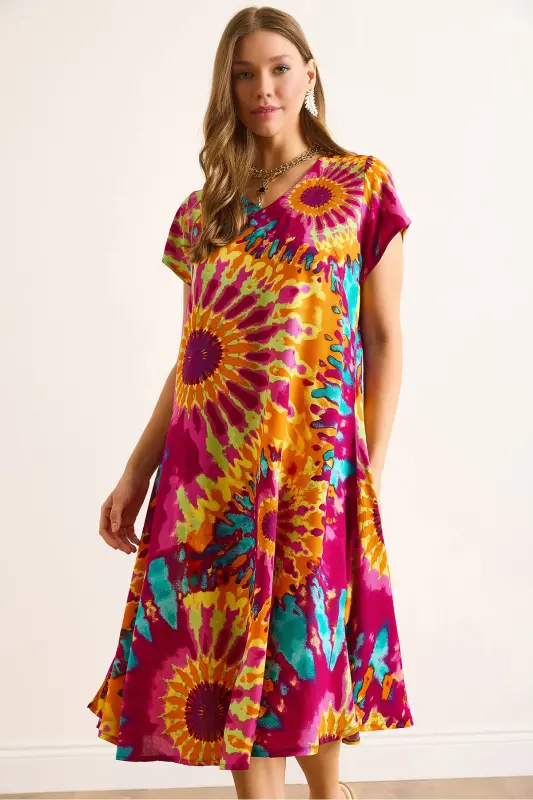 Women's Batik Multicolor V-Neck Patterned Woven Viscose Midi Flared Dress ELB-19002443-Batik Multicolor - 1