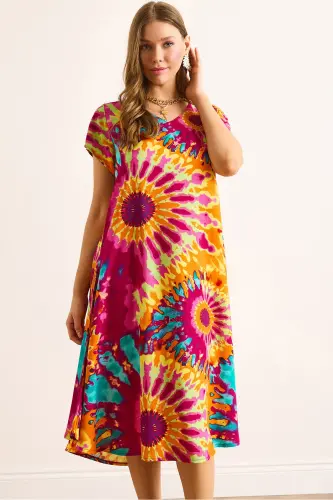 Women's Batik Multicolor V-Neck Patterned Woven Viscose Midi Flared Dress ELB-19002443-Batik Multicolor - 4