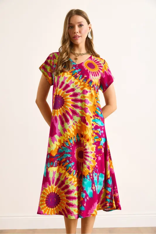 Women's Batik Multicolor V-Neck Patterned Woven Viscose Midi Flared Dress ELB-19002443-Batik Multicolor - 5