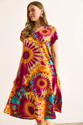 Women's Batik Multicolor V-Neck Patterned Woven Viscose Midi Flared Dress ELB-19002443-Batik Multicolor - 6