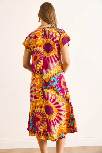 Women's Batik Multicolor V-Neck Patterned Woven Viscose Midi Flared Dress ELB-19002443-Batik Multicolor - 7