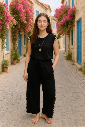 Women's Batwing Sleeve Digital Print Detail Blouse & Side Stripe Detail Crystal Fabric Pants Two Piece Set - 4