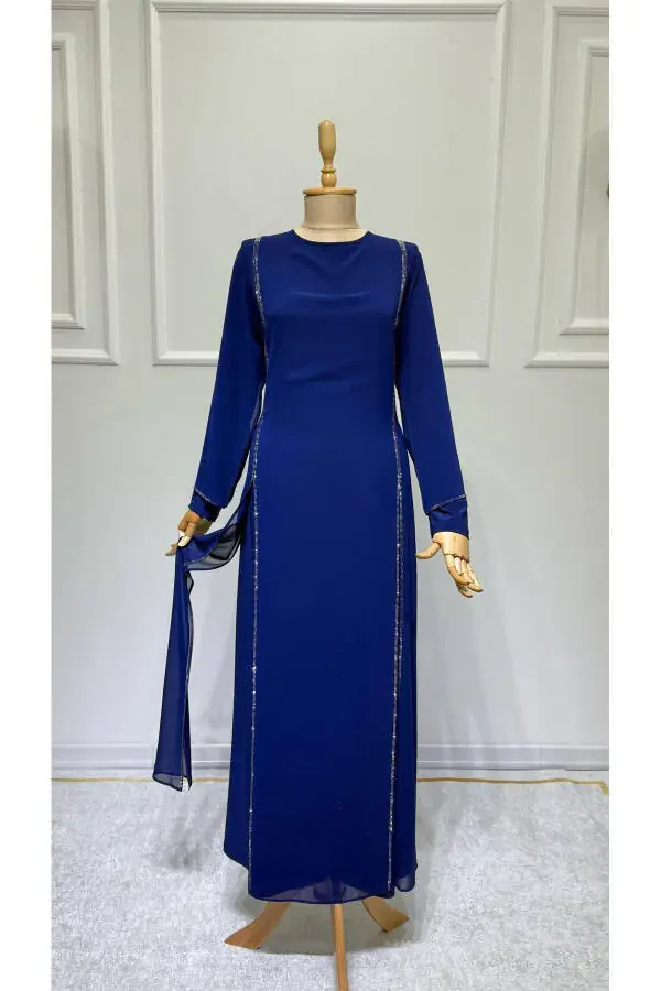 Women's Beaded Chiffon Long Sleeve Beaded Evening Dress New Season - 1
