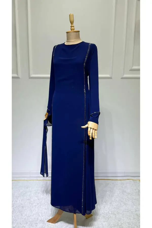 Women's Beaded Chiffon Long Sleeve Beaded Evening Dress New Season - 3