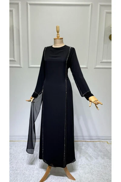 Women's Beaded Chiffon Long Sleeve Beaded Evening Dress New Season - 3