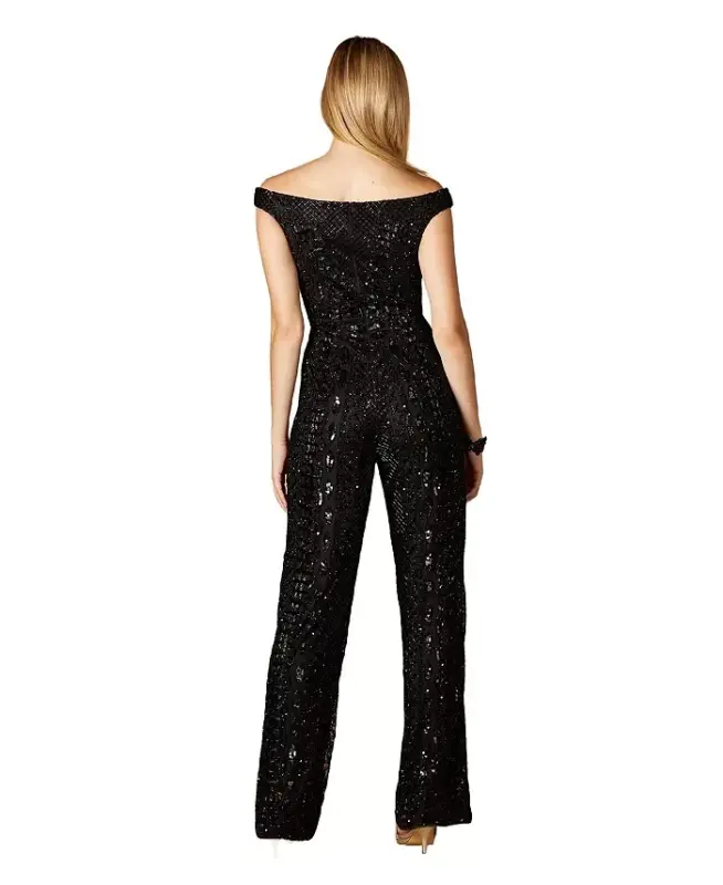 Women's Beaded Off Shoulder Jumpsuit-Black - 2