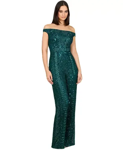 Women's Beaded Off Shoulder Jumpsuit - Dark green 