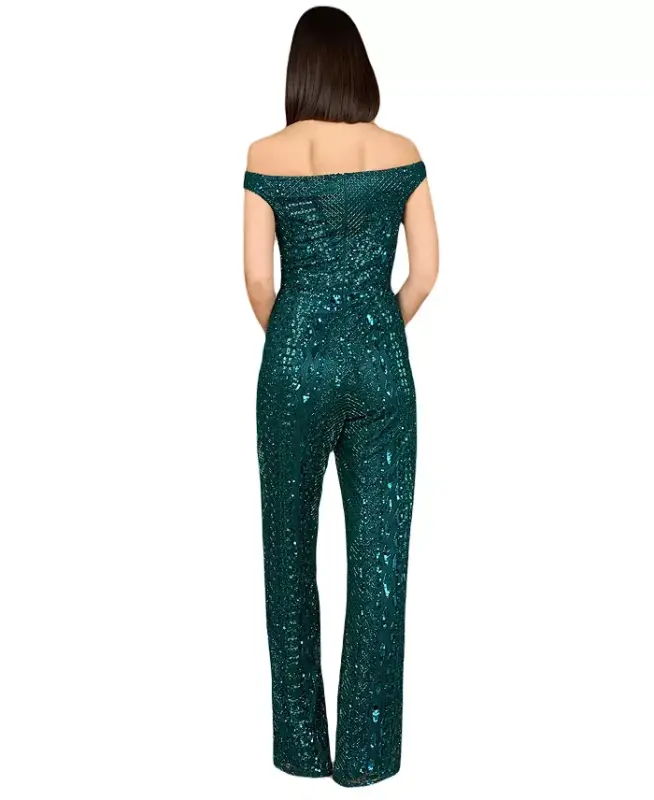 Women's Beaded Off Shoulder Jumpsuit - Dark green - 2