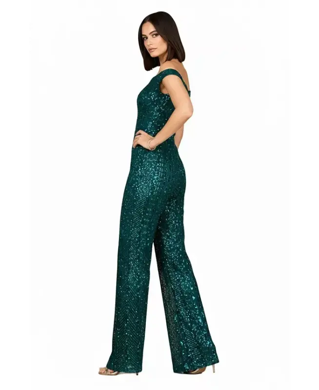 Women's Beaded Off Shoulder Jumpsuit - Dark green - 3