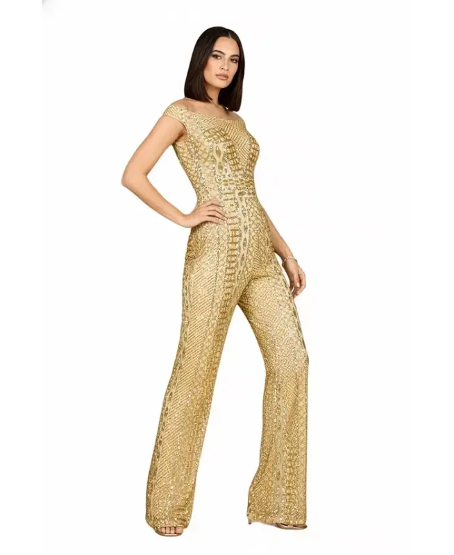 Women's Beaded Off Shoulder Jumpsuit - Gold - 3