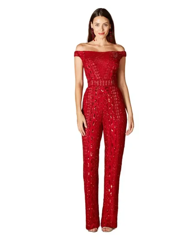 Women's Beaded Off Shoulder Jumpsuit - Red - 1