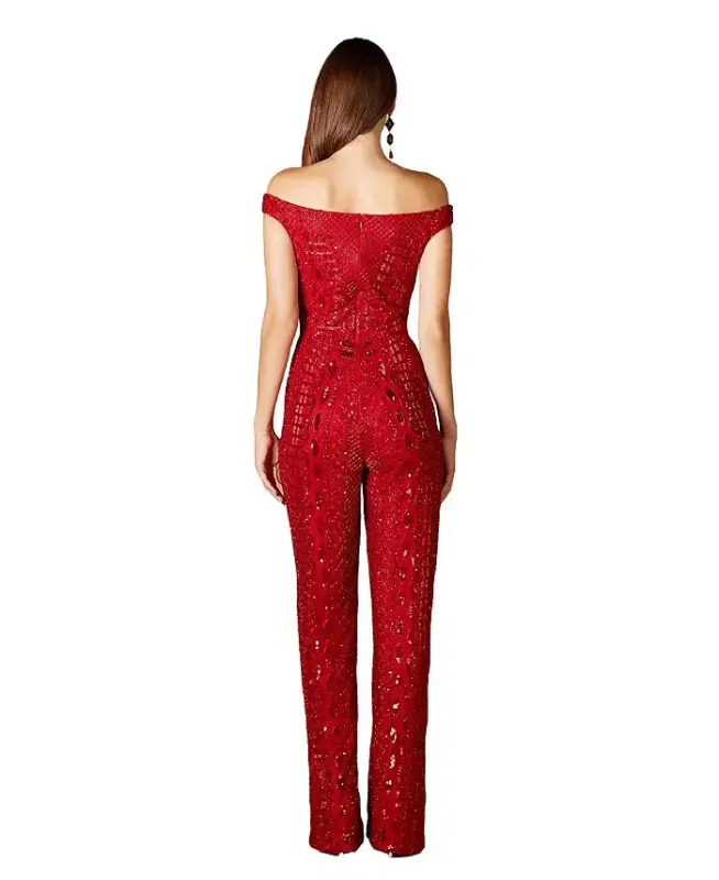 Women's Beaded Off Shoulder Jumpsuit - Red - 2