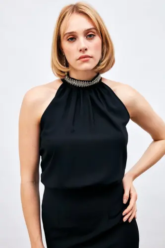 Women's Beaded & Stone Detailed Halter Neck Sleeveless Blouse-BLACK - SATEEN (1)