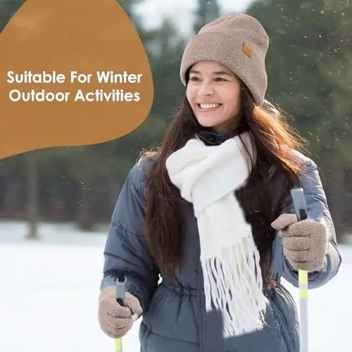 Women's Beanie Winter Hat Long Scarf Touchscreen Gloves Set Fleece Lined Skull Caps for Women Men 