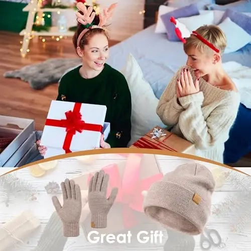 Womens Beanie Winter Hat Long Scarf Touchscreen Gloves Set Fleece Lined Skull Caps for Women Men - 6