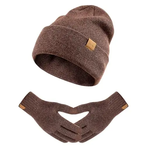 Womens Beanie Winter Hat Long Scarf Touchscreen Gloves Set Fleece Lined Skull Caps for Women Men - 1