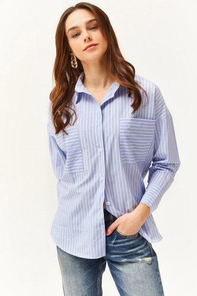 Women's Bebe Blue Pocket Striped Oversized Shirt GML-19001171 - 1