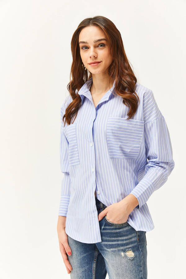 Women's Bebe Blue Pocket Striped Oversized Shirt GML-19001171 - 2