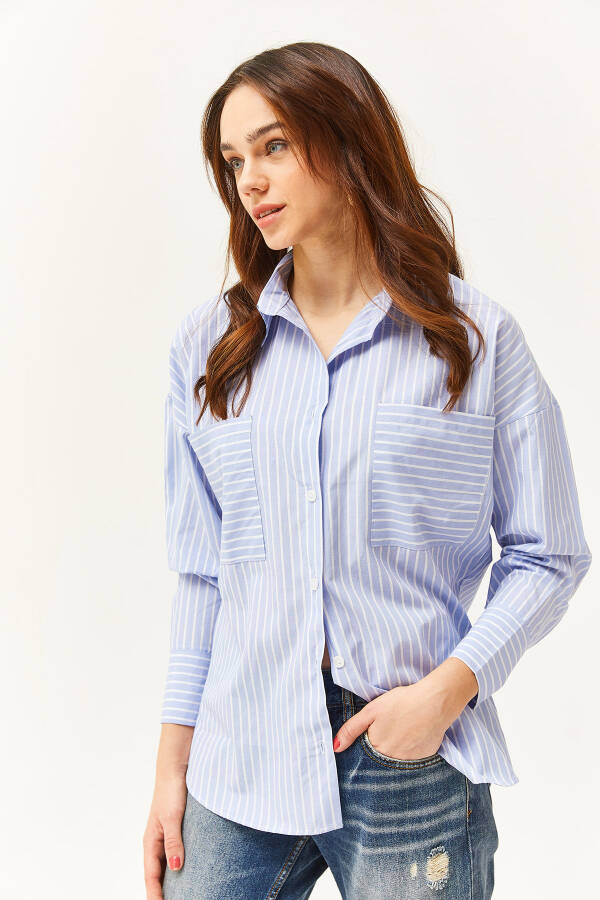 Women's Bebe Blue Pocket Striped Oversized Shirt GML-19001171 - 3