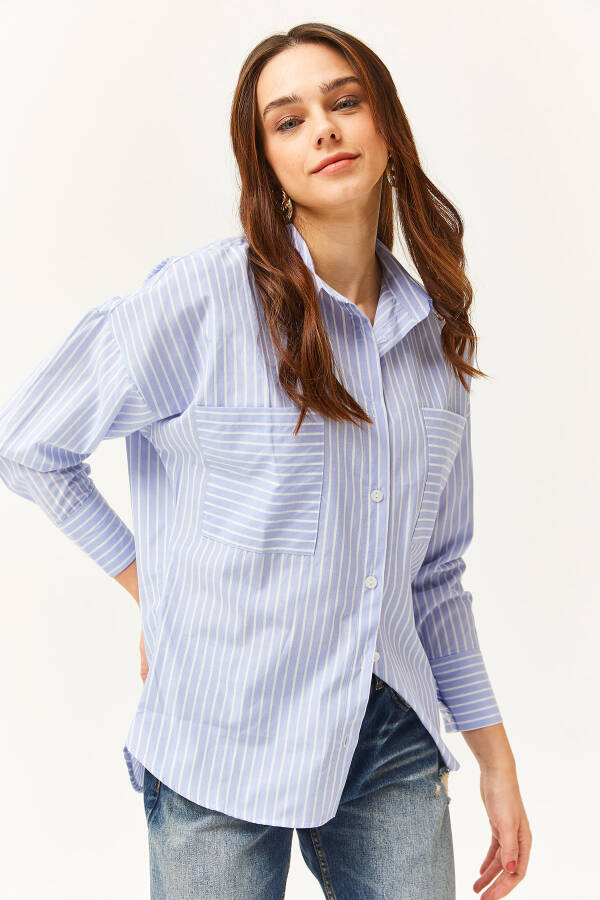 Women's Bebe Blue Pocket Striped Oversized Shirt GML-19001171 - 4