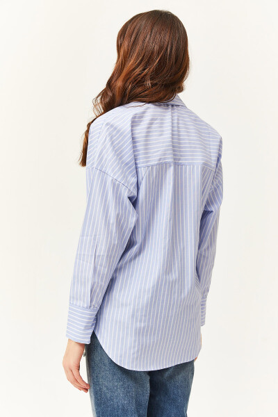 Women's Bebe Blue Pocket Striped Oversized Shirt GML-19001171 - 5