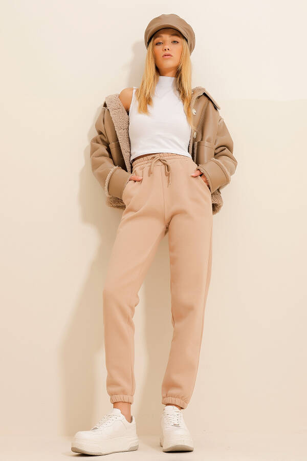 Women's Beige 3-Thread Fleece Jogger Pants ALC-X10929 - 3